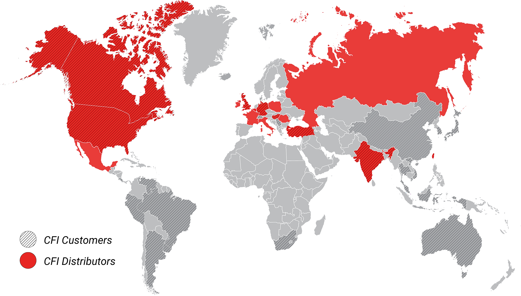 Global map showing CFI customers and distributors coverage areas