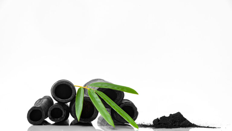 Bamboo charcoal with green leaves and powder on a white background