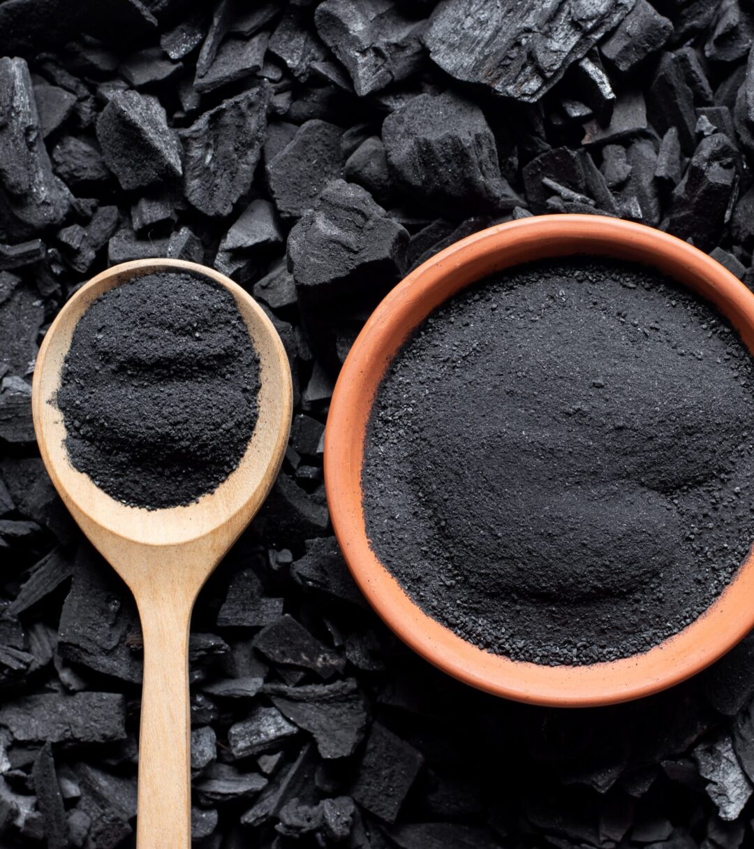 Activated charcoal powder in a bowl and spoon on a bed of charcoal pieces